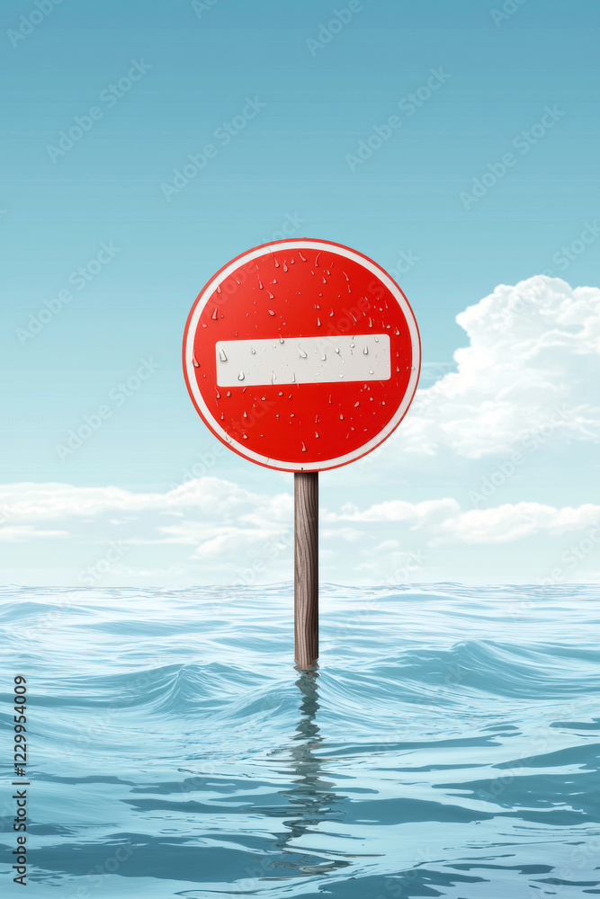 Red street sign above water, symbolizing restriction and caution in serene landscape Red street sign above water, symbolizing restriction and caution in serene landscape