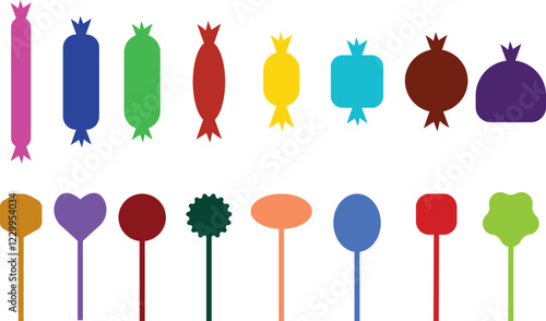 Sweets and candy icon set. Chocolate bars, caramel, toffee and lollipop on sticks, marmalade bears. Confectionery shop elements for birthday kids present cartoon flat isolated vector collection.