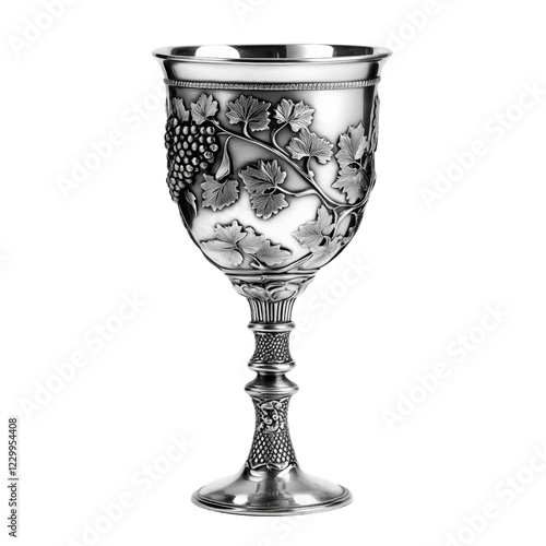 A luxurious silver goblet with intricate floral engravings and a reflective surface, exuding elegance and sophistication. Perfect for ceremonial and aristocratic settings.