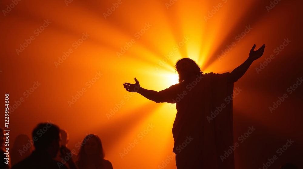 Fototapeta premium Silhouette of jesus christ embracing the light with open arms
