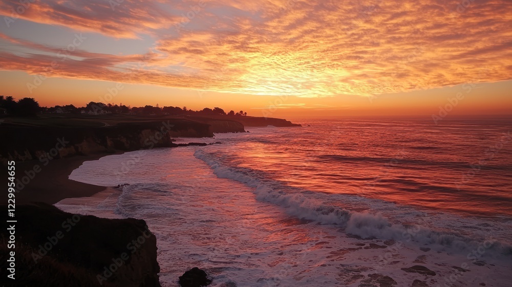 Obraz premium A breathtaking view of a huge wave rolling toward the beach at sunset.