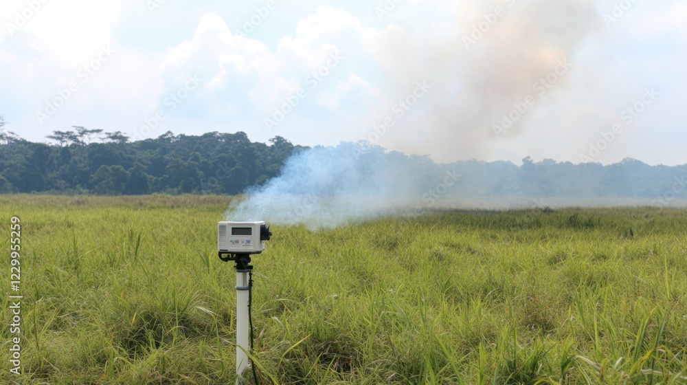 An air quality monitoring device is set amidst lush green grass, releasing smoke in a scenic landscape, This image can be used for environmental studies or articles about air quality management, An air quality monitoring device is set amidst lush green grass, releasing smoke in a scenic landscape, This image can be used for environmental studies or articles about air quality management,