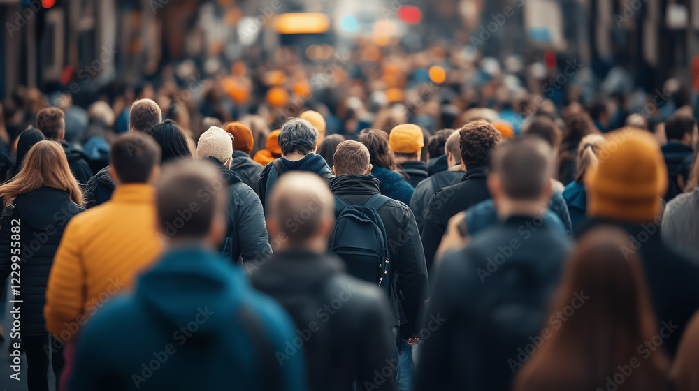 Diverse crowd navigating a bustling city street, surrounded by towering buildings, capturing the essence of urban life and daily commute in a metropolitan center Diverse crowd navigating a bustling city street, surrounded by towering buildings, capturing the essence of urban life and daily commute in a metropolitan center