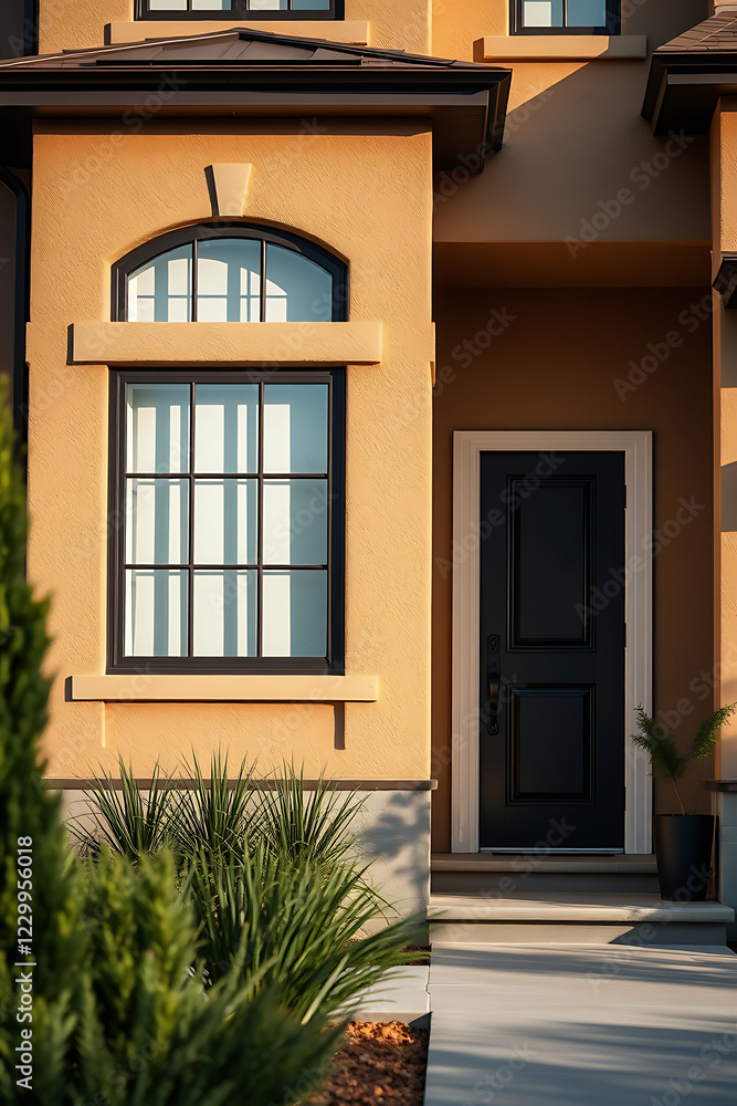 Fototapeta premium Modern House Exterior: Contemporary Home Design with Beige Facade and Black Door