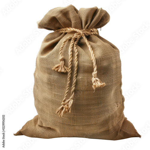 Rustic burlap sack tied with rope on a white background photo