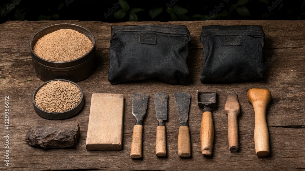 An arrangement of various artisan tools and materials on a wooden surface, including chisels, wooden handles, and a selection of seeds, Ideal for crafts, DIY projects, and educational purposes, An arrangement of various artisan tools and materials on a wooden surface, including chisels, wooden handles, and a selection of seeds, Ideal for crafts, DIY projects, and educational purposes,