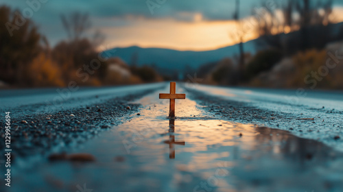 A small wooden cross in the middle of the road, the path of the cross, the life of a martyr photo