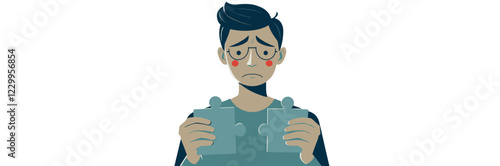 Illustration of a sad man holding two puzzle pieces that don't fit together