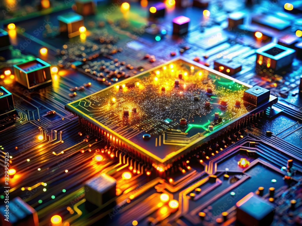 Obraz premium Microscopic PCB details showcased in a high-resolution long-exposure image; a technological background of electronic components.