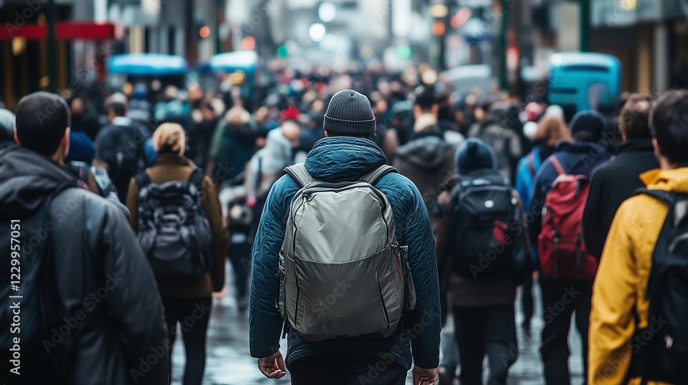 Diverse crowd navigating a bustling city street, surrounded by towering buildings, capturing the essence of urban life and daily commute in a metropolitan center Diverse crowd navigating a bustling city street, surrounded by towering buildings, capturing the essence of urban life and daily commute in a metropolitan center