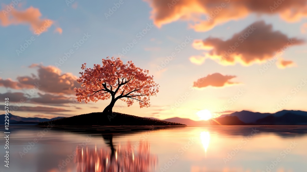 A serene sunset scene featuring a vibrant pink tree on an island, reflecting beautifully in calm water beneath colorful clouds. A serene sunset scene featuring a vibrant pink tree on an island, reflecting beautifully in calm water beneath colorful clouds.