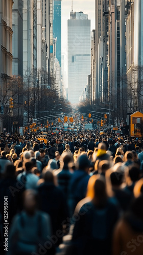 Diverse crowd navigating a bustling city street, surrounded by towering buildings, capturing the essence of urban life and daily commute in a metropolitan center