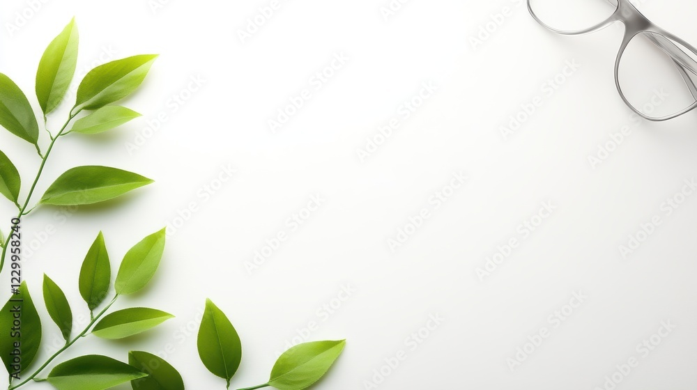 Obraz premium A clean, minimalist composition featuring green leaves and a pair of glasses, ideal for promoting themes of nature, wellness, or mindfulness in marketing, presentations, and social media,