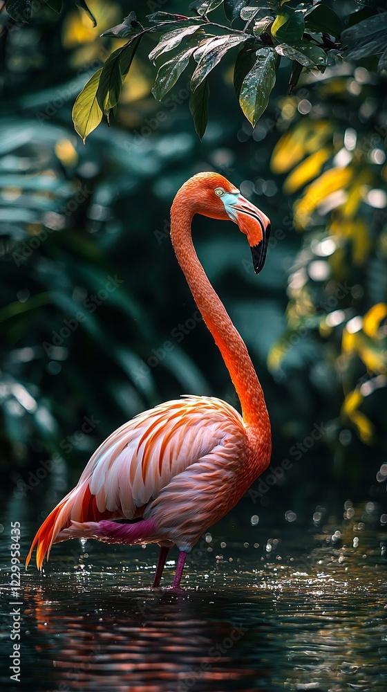 Fototapeta premium HD Phone Wallpaper Pink Flamingo in Lush Tropical Foliage Water Reflection Exotic Bird