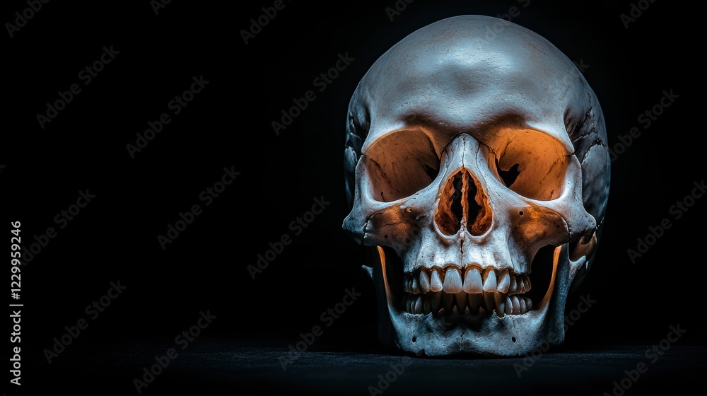 Fototapeta premium A detailed study of a human skull, highlighting its structure and features against a dark background, Suitable for educational materials, medical illustrations, or artistic projects,