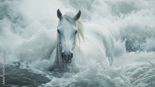 Majestic white horse battling through a forceful torrent.  Possible use stock photo photo