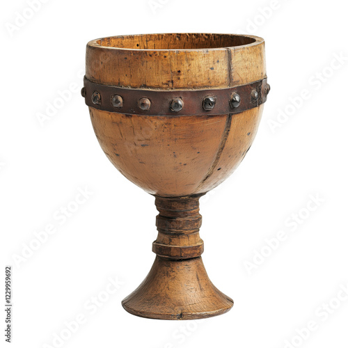 A medieval wooden goblet reinforced with iron bands, featuring a rustic, weathered look. A sturdy and authentic piece of medieval craftsmanship. photo