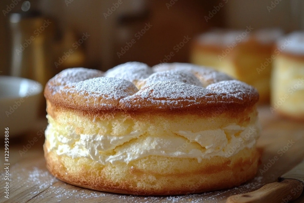 Cream cake with powdered sugar on wooden board in kitchen Cream cake with powdered sugar on wooden board in kitchen