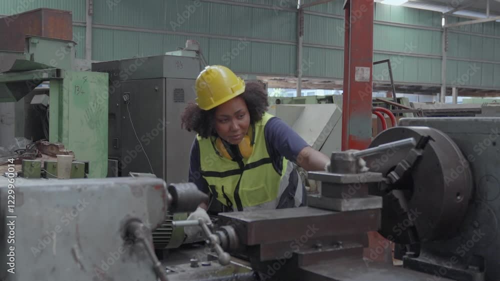 Young technician engineer operate machine to automated CNC in factory. African american mechanical engineer operating industrial lathe machine. Young technician engineer operate machine to automated CNC in factory. African american mechanical engineer operating industrial lathe machine.