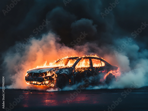 Car fire with intense heat radiating from the vehicle photo