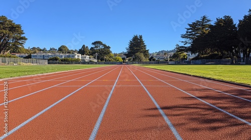 A sharp perspective of a running track's lanes disappearing into the distance on a clear day. photo