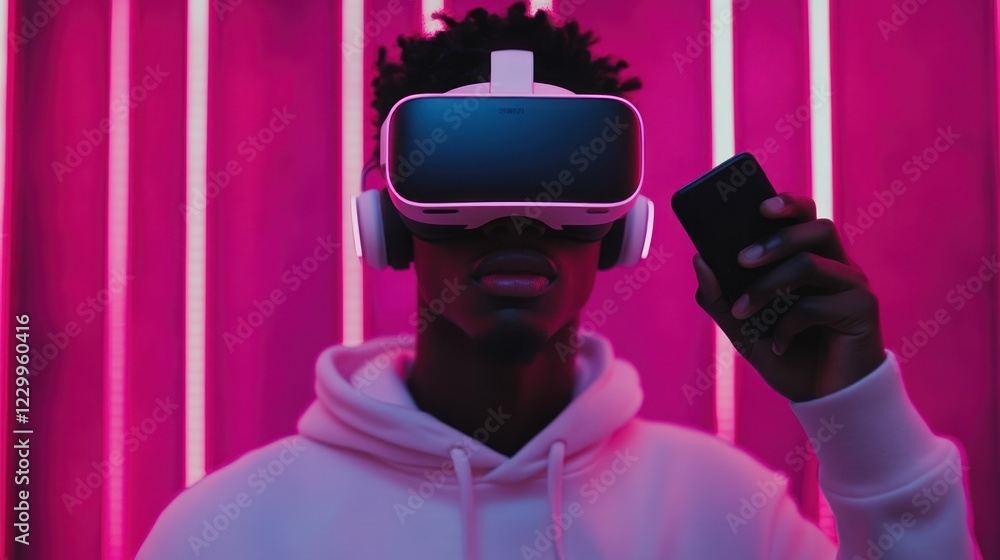 Man using VR headset and smartphone against pink neon background. Man using VR headset and smartphone against pink neon background.