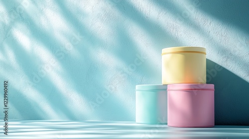 Colorful storage containers stacked in soft light minimalist setting modern decor tranquil atmosphere