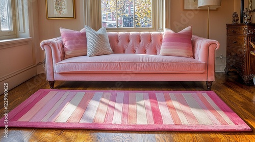 Elegant pink living room decor featuring cozy couch and stylish rug modern interior design bright atmosphere