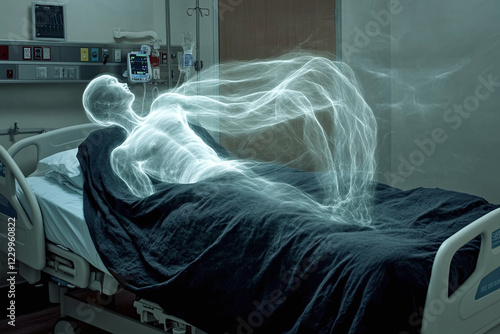 a hospital room with a bed on which a man lies covered with a dark blanket. Above the human body is depicted a translucent figure resembling a spirit or soul, which seems to rise from the body.