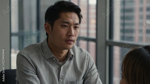 Engaging conversation about health and wellness in a modern office setting with an Asian man sharing insights and motivation to inspire positive lifestyle changes