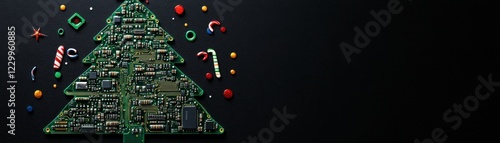 Christmas tree constructed from various electronic components and circuit boards for holiday decoration