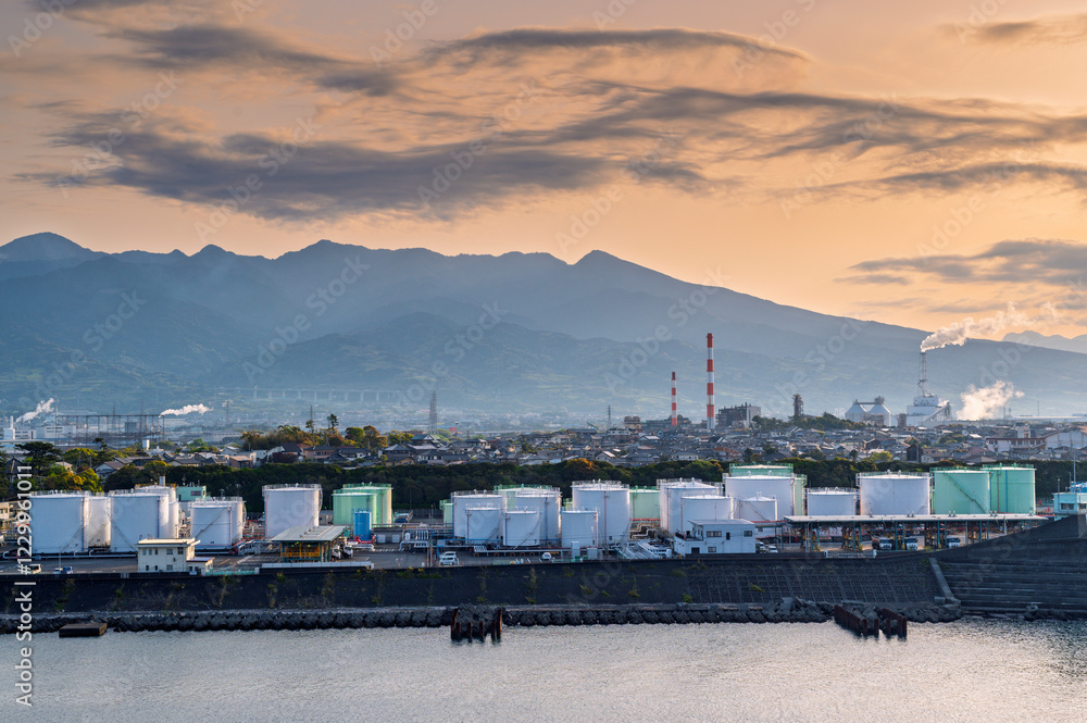 Industrial petrochemical refinery with gas storage and structure of pipeline with smoke from Japan industry chemical factory zone, Fuji City, Shizuoka, Japan