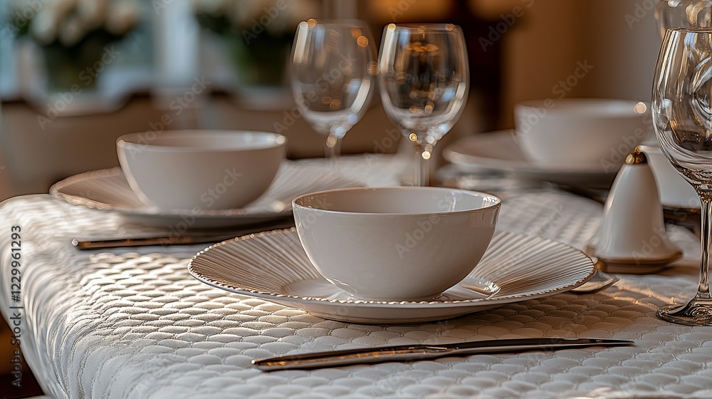 Elegant dining setup with white tableware cozy restaurant table setting warm ambiance close-up view culinary delight Elegant dining setup with white tableware cozy restaurant table setting warm ambiance close-up view culinary delight