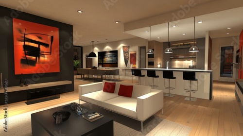 Wallpaper Mural A modern open-concept living room leading to a kitchen, showcasing a seamless design with stylish bar stools and contemporary lighting fixtures, perfect for entertaining. Torontodigital.ca