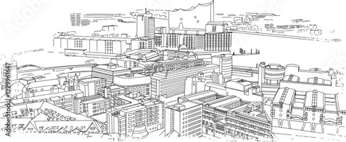 Port of Hamburg with Elbphilharmonie, Line Art