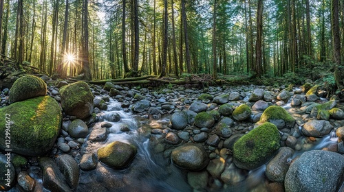 Sunlit forest stream, mossy rocks, tranquil nature scene, peaceful background, ideal for nature documentaries photo