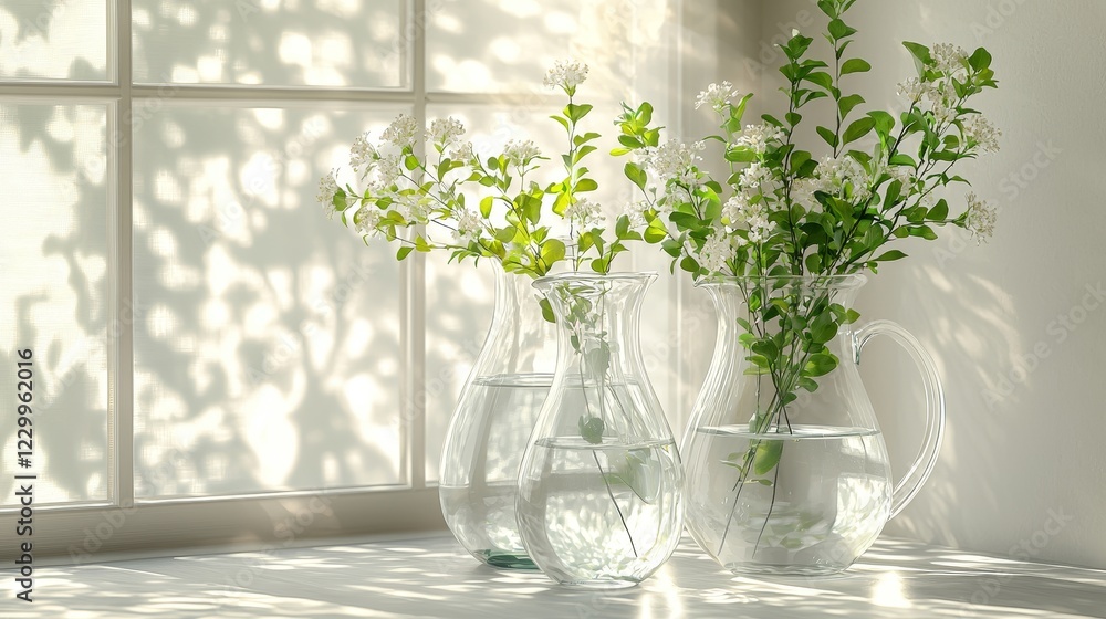 Fototapeta premium Delicate floral arrangement in glass vases bright indoor setting natural light and shadows play