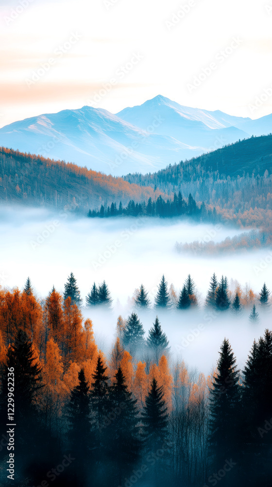 Misty mountain landscape with dense forest and vibrant autumn colors during foggy sunrise serene scenery Misty mountain landscape with dense forest and vibrant autumn colors during foggy sunrise serene scenery