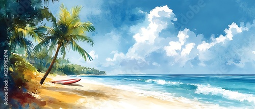 Vibrant watercolor beach vacation, palm trees, surfboards, and sunny shores, 2k 