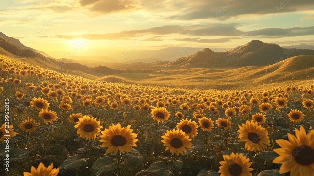 Fototapeta premium A panoramic shot of rolling hills covered in golden sunflowers swaying gently in the breeze, creating a picturesque scene bathed in warm sunlight