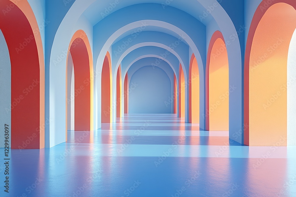 Obraz premium 3D render of a minimalistic abstract background with vertical lines, pastel gradients in blue, orange, and pink, arches, pillars, and a blue floor, with empty space for product presentation.