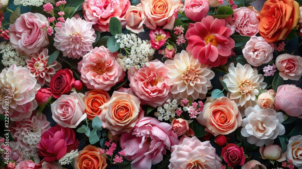 Beautiful background filled with pink and white flowers, different shades, roses or peonies, floral backgdrop Beautiful background filled with pink and white flowers, different shades, roses or peonies, floral backgdrop