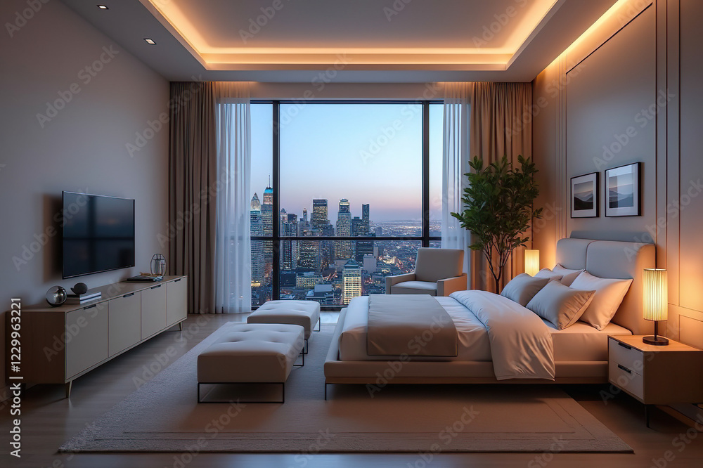 Fototapeta premium Minimalist Bedroom with California City Skyline View and Dramatic Lighting