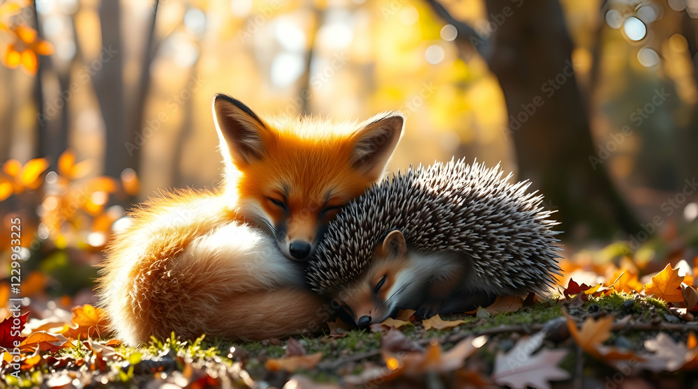 Naklejka premium Fox and Hedgehog Friendship in Autumn Forest, Heartwarming Wildlife Art (Golden Hour Lighting)
