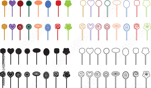 Sweets and candy icon set. Chocolate bars, caramel, toffee and lollipop on sticks, marmalade bears. Confectionery shop elements for birthday kids present cartoon flat isolated vector collection.