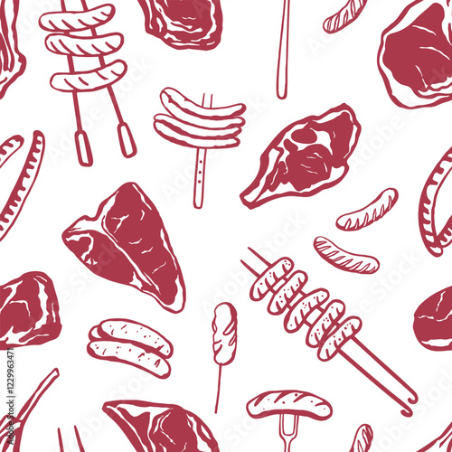 Hand drawn meat steak and sausages seamless pattern