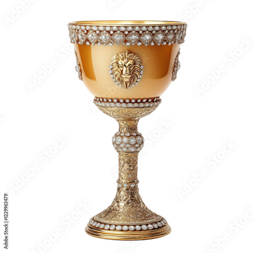 A regal golden goblet encrusted with diamonds, featuring intricate lion motifs and ornate carvings. A true symbol of luxury and power. photo