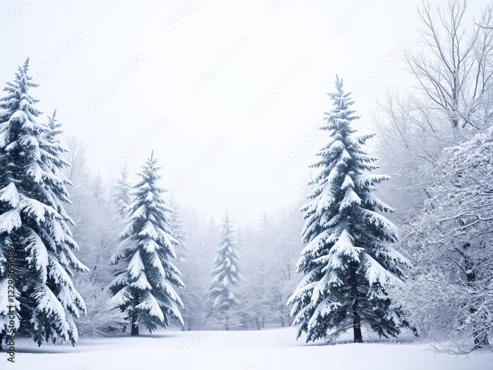 Naklejka premium Snow-covered trees in a winter wonderland with falling snowflakes, trees, snowfall, tranquil