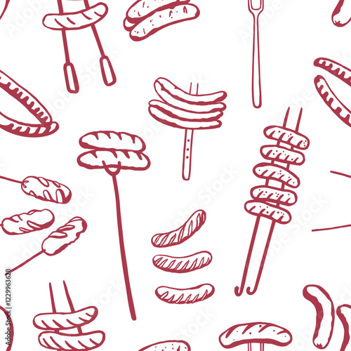 Seamless pattern with hand drawn different barbecue sausages