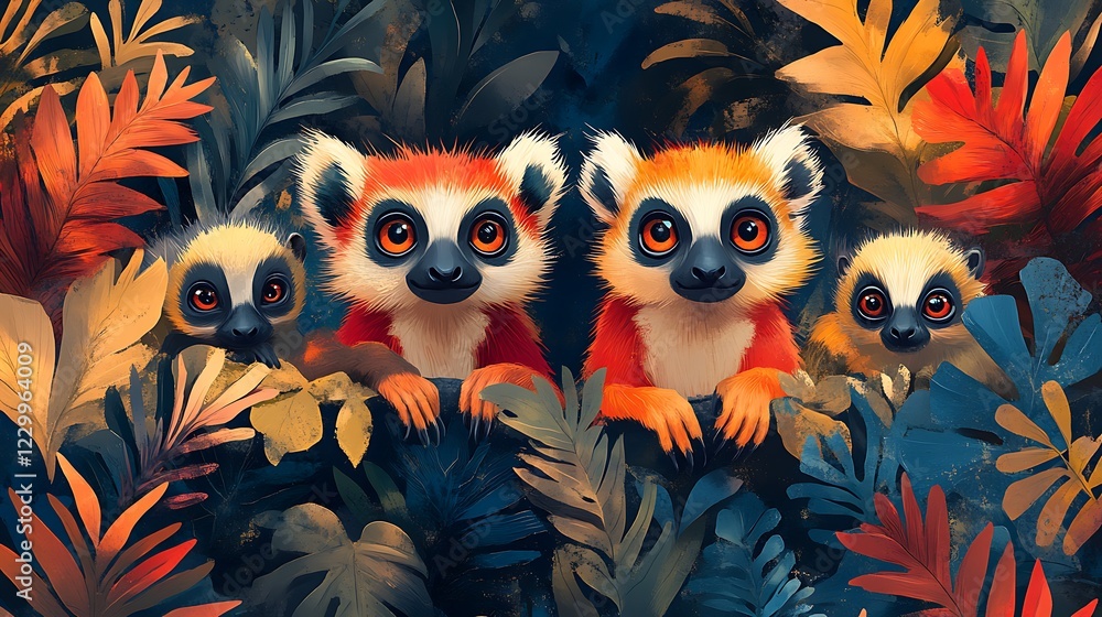 Whimsical design featuring a family of curious lemurs leaping through lush treetops, tropical foliage, vector graphic, white background ::2 arboreal charm, jungle camaraderie, playful demeanor, Whimsical design featuring a family of curious lemurs leaping through lush treetops, tropical foliage, vector graphic, white background ::2 arboreal charm, jungle camaraderie, playful demeanor,